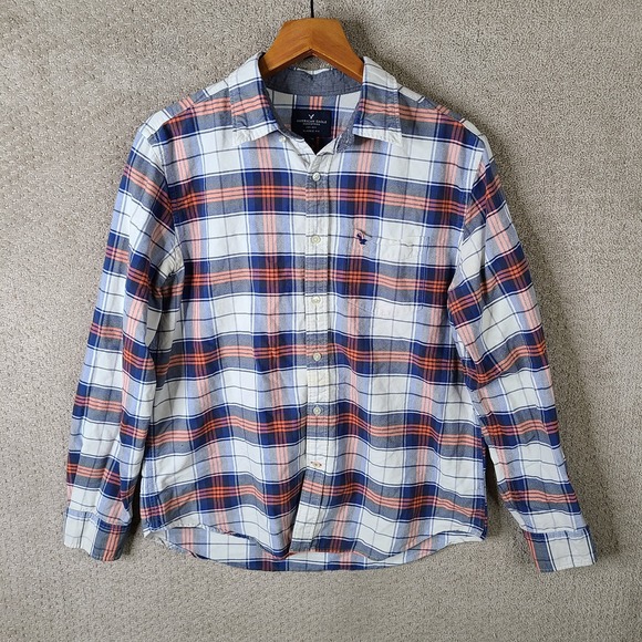 American Eagle Shirt Mens Large Red Blue Plaid Classic‎ Fit Button Down Cotton - Picture 1 of 10